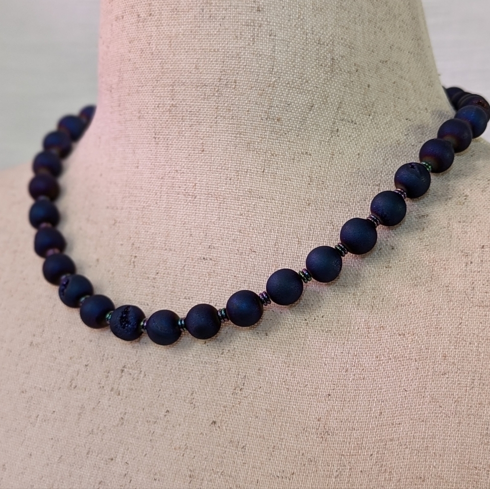 Unique Dark Blue Navy Druzy‎ Agate Geode Necklace